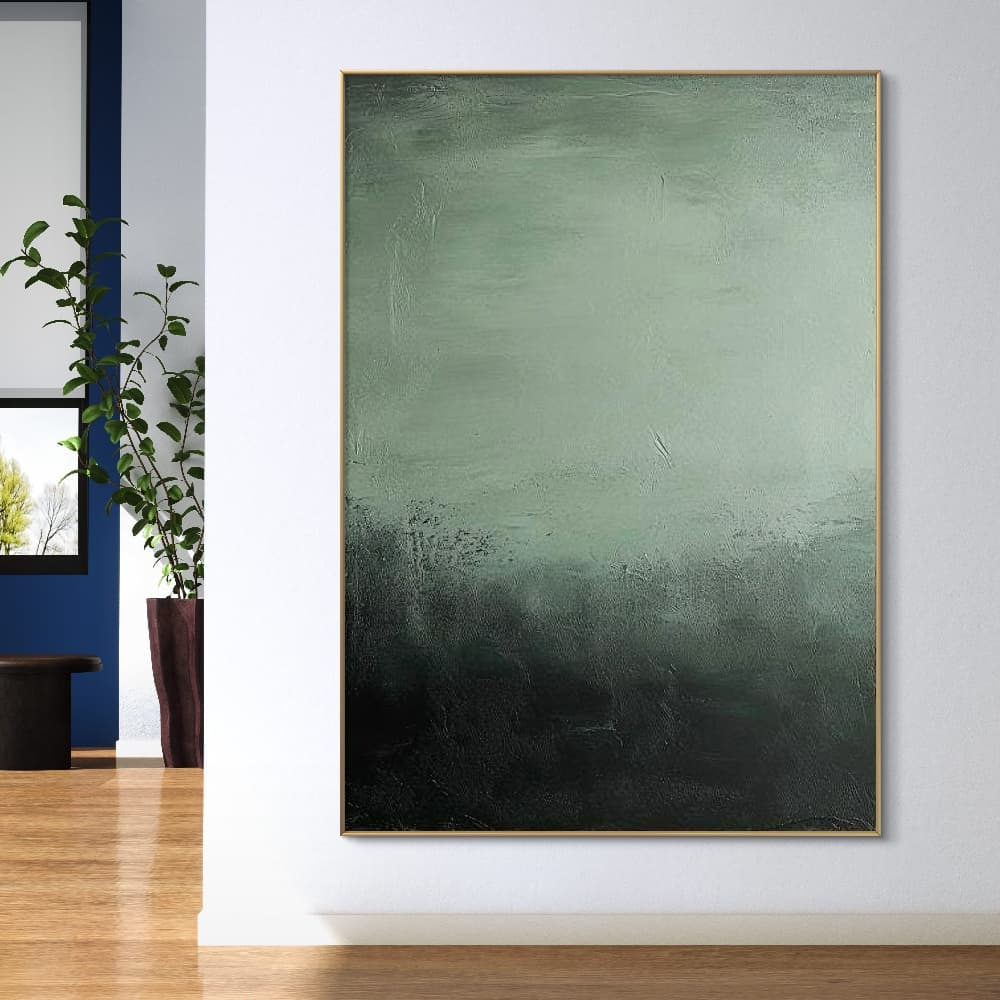 Wabi-Sabi inspired green wall art with organic texture and deep color tones.