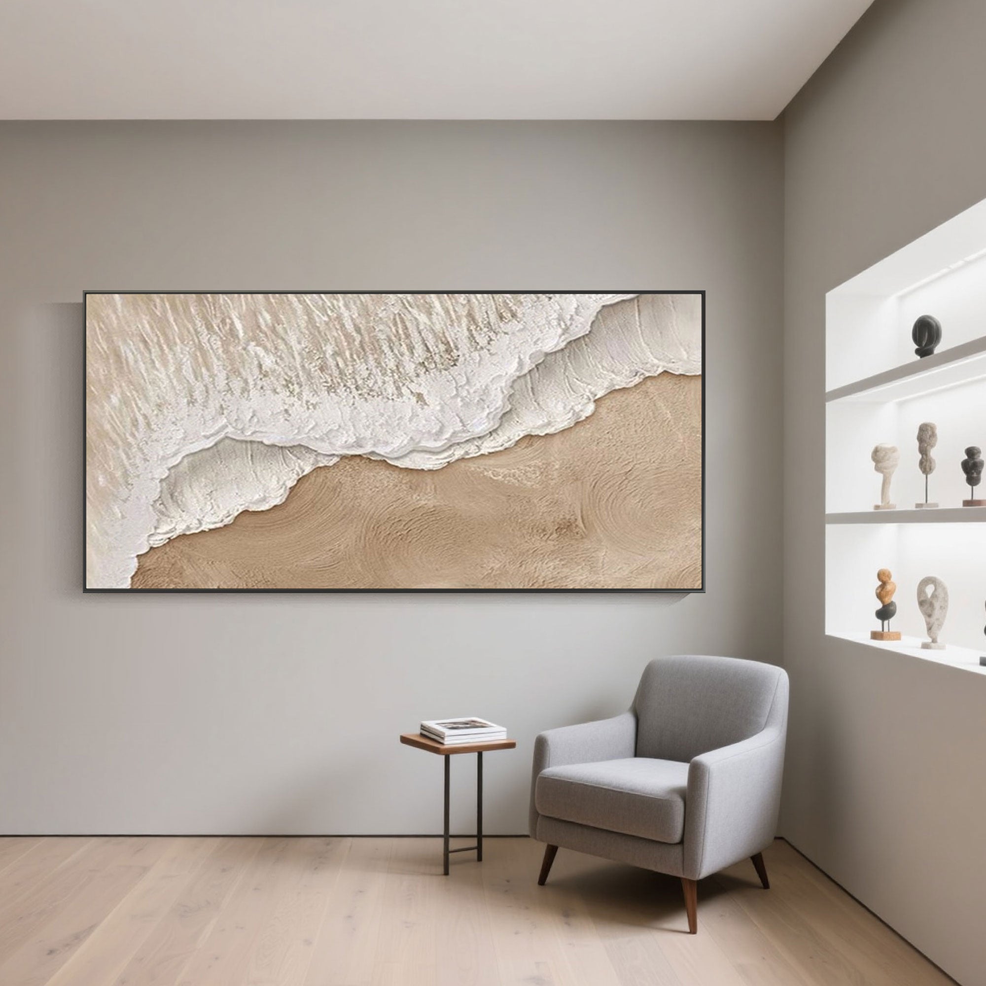 Beige 'Shoreline' 3D textured beach art on wall with chair.
