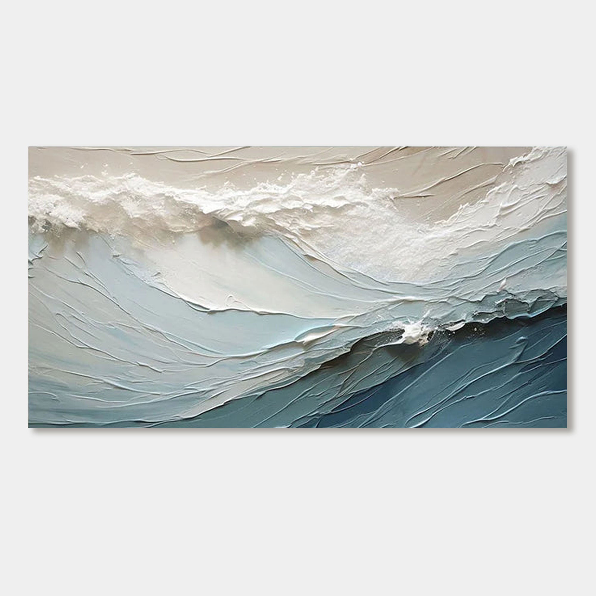 Close-up of 3D textured blue and white 'Ocean Veil' seascape art.