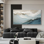 3D textured 'Ocean Veil' painting with a silver frame in living space.