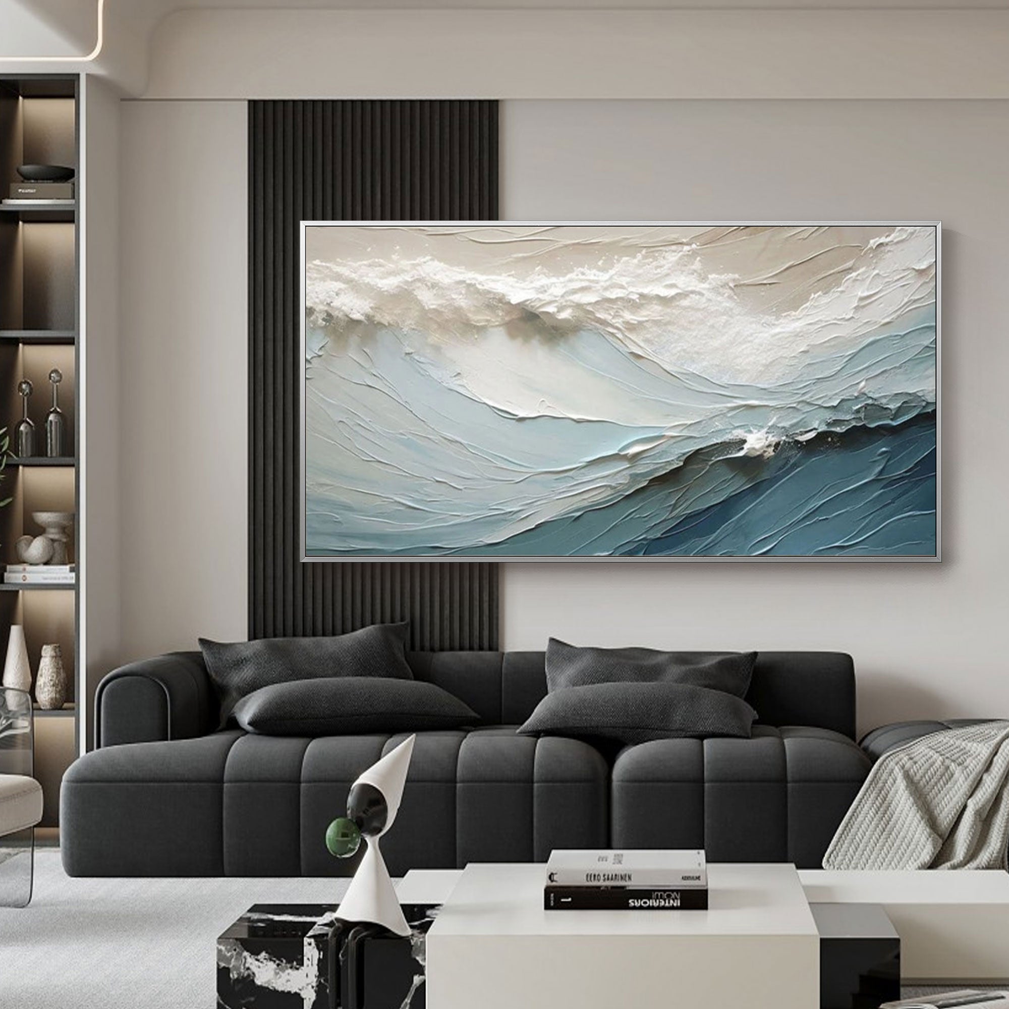 3D textured 'Ocean Veil' painting with a silver frame in living space.