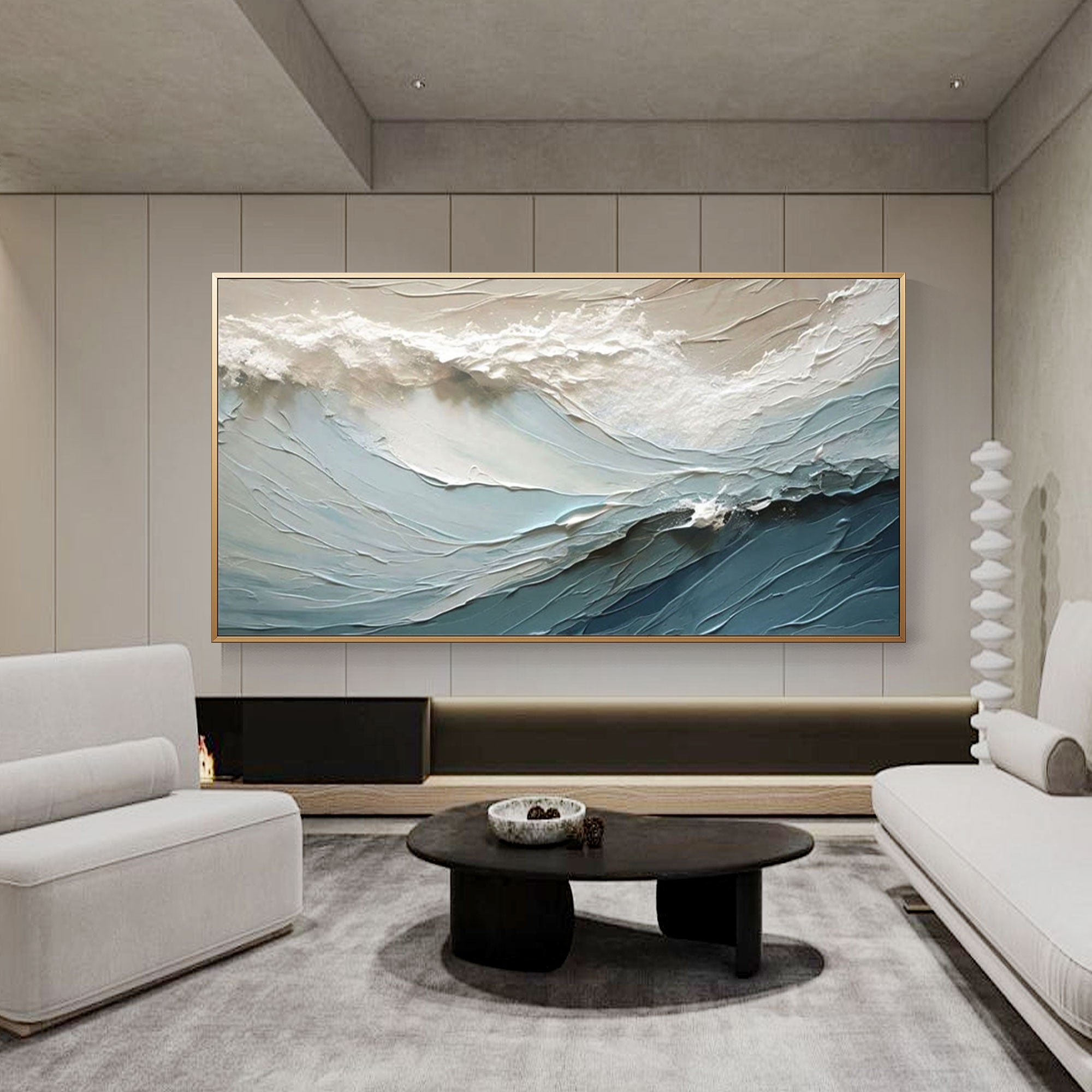 Horizontal 'Ocean Veil' art with a gold frame in a contemporary living room.