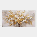 3D textured floral wall art, golden and white blooms on canvas.