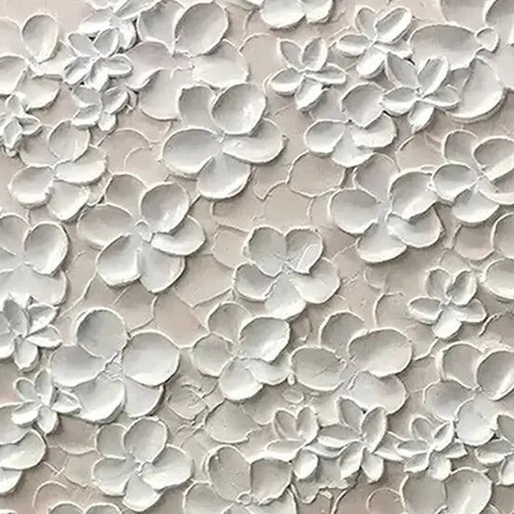 Close-up of 3D white floral impasto texture on Blossom Veil canvas art.