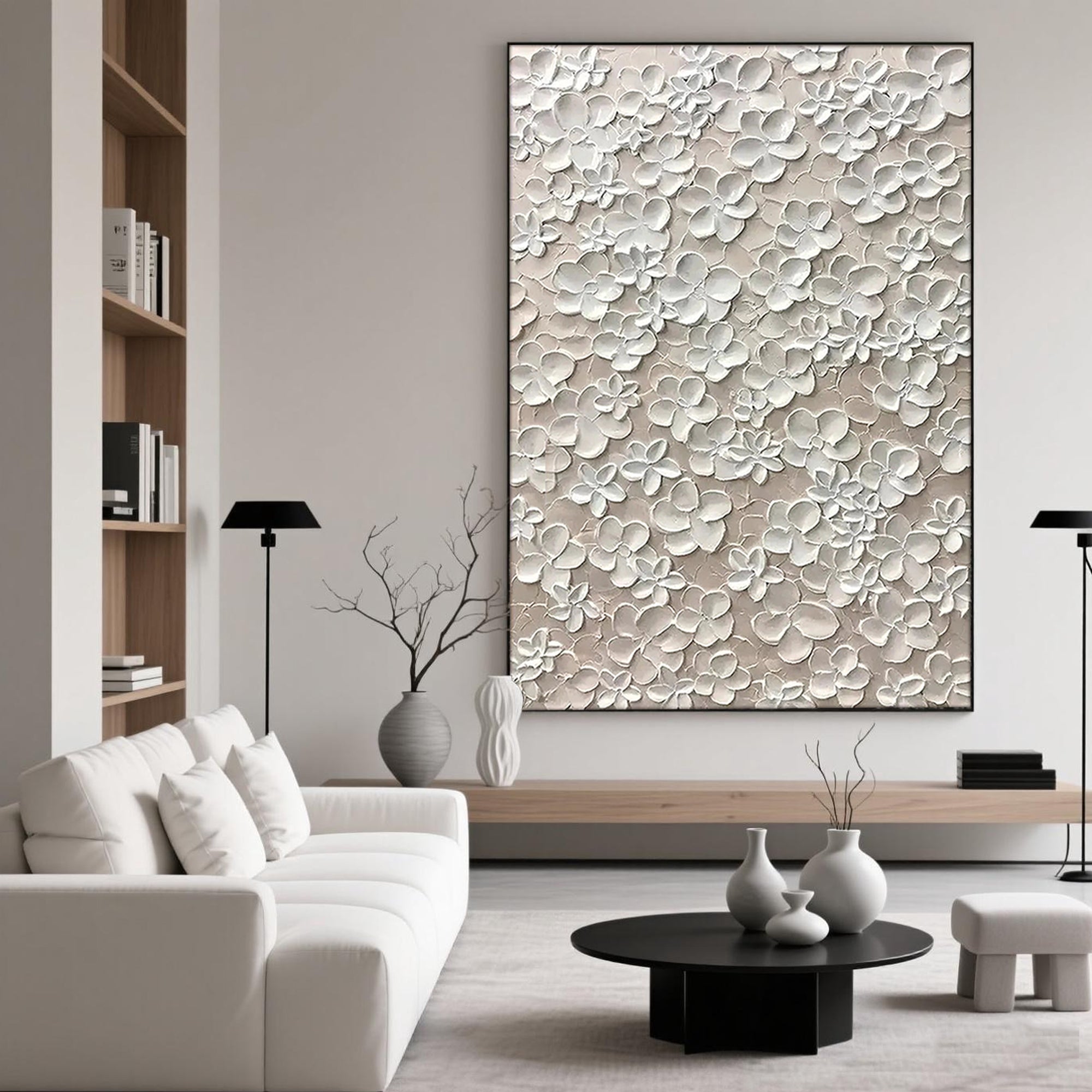 Close-up of 3D white floral impasto texture on Blossom Veil canvas art.