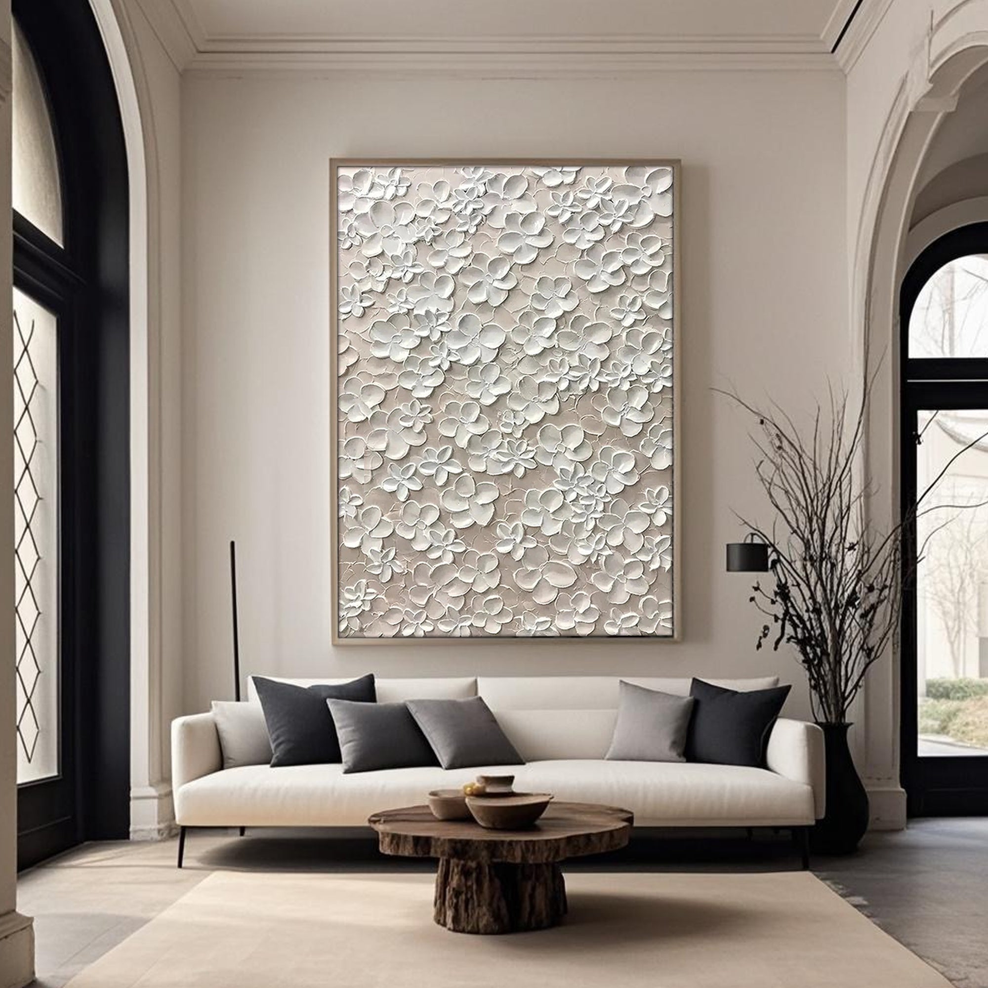 Blossom Veil 3D floral art in living room with beige sofa and wood accents.