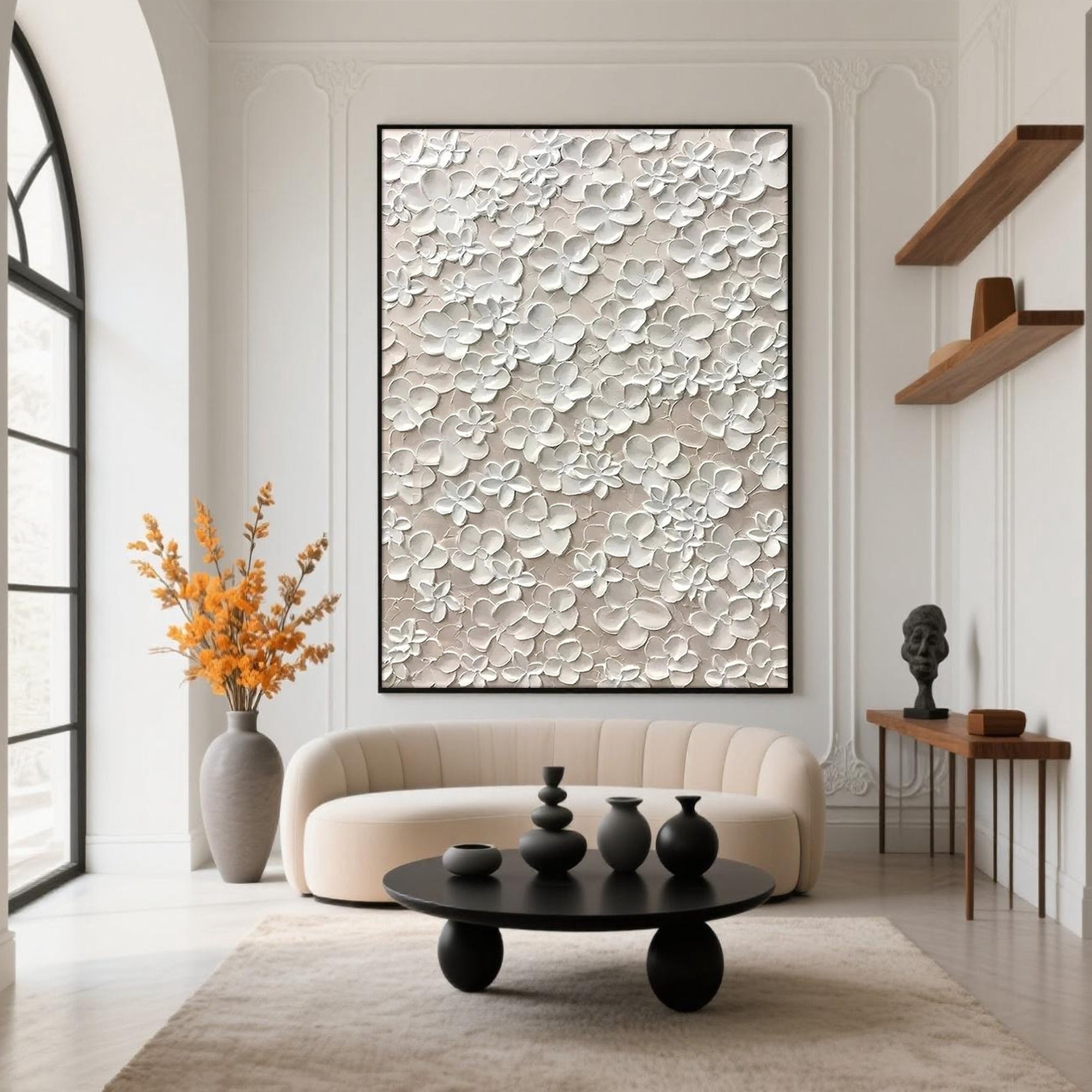 Modern living room featuring Blossom Veil textured floral canvas art with black frame.