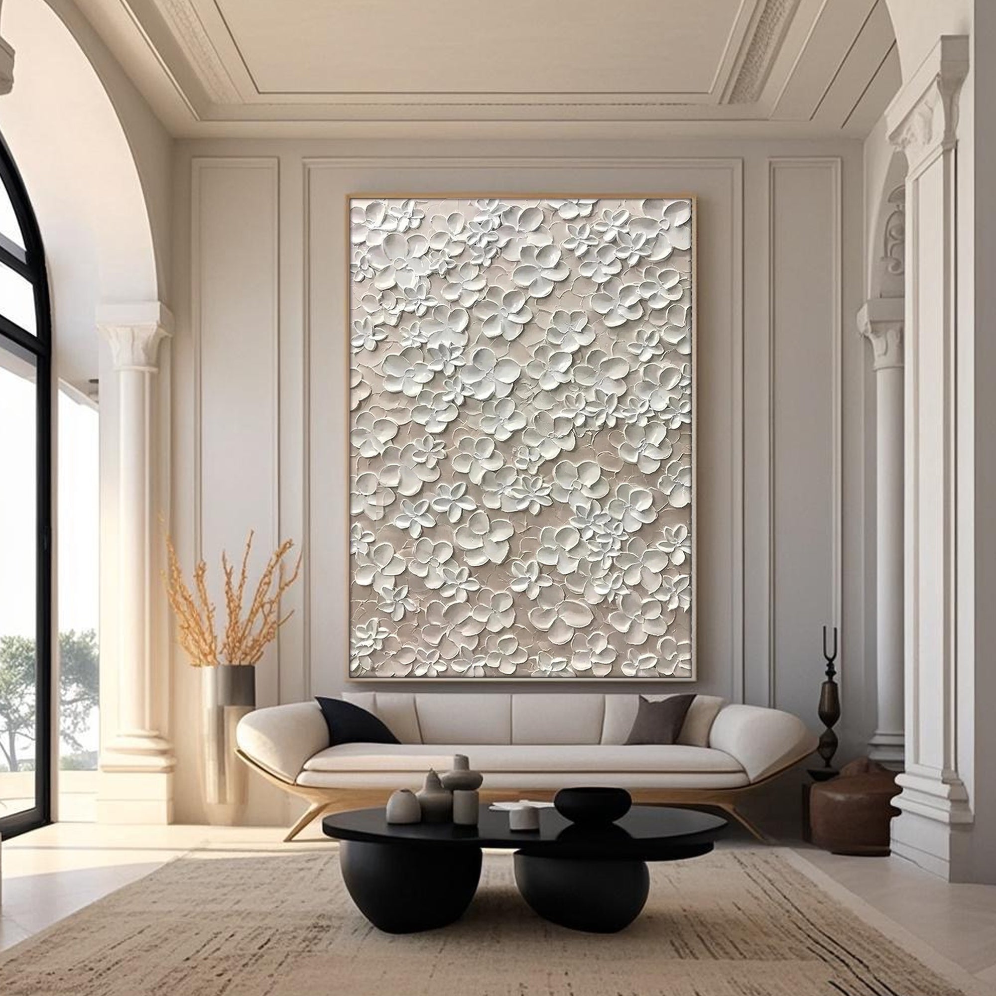 Close-up of 3D white floral impasto texture on Blossom Veil canvas art.