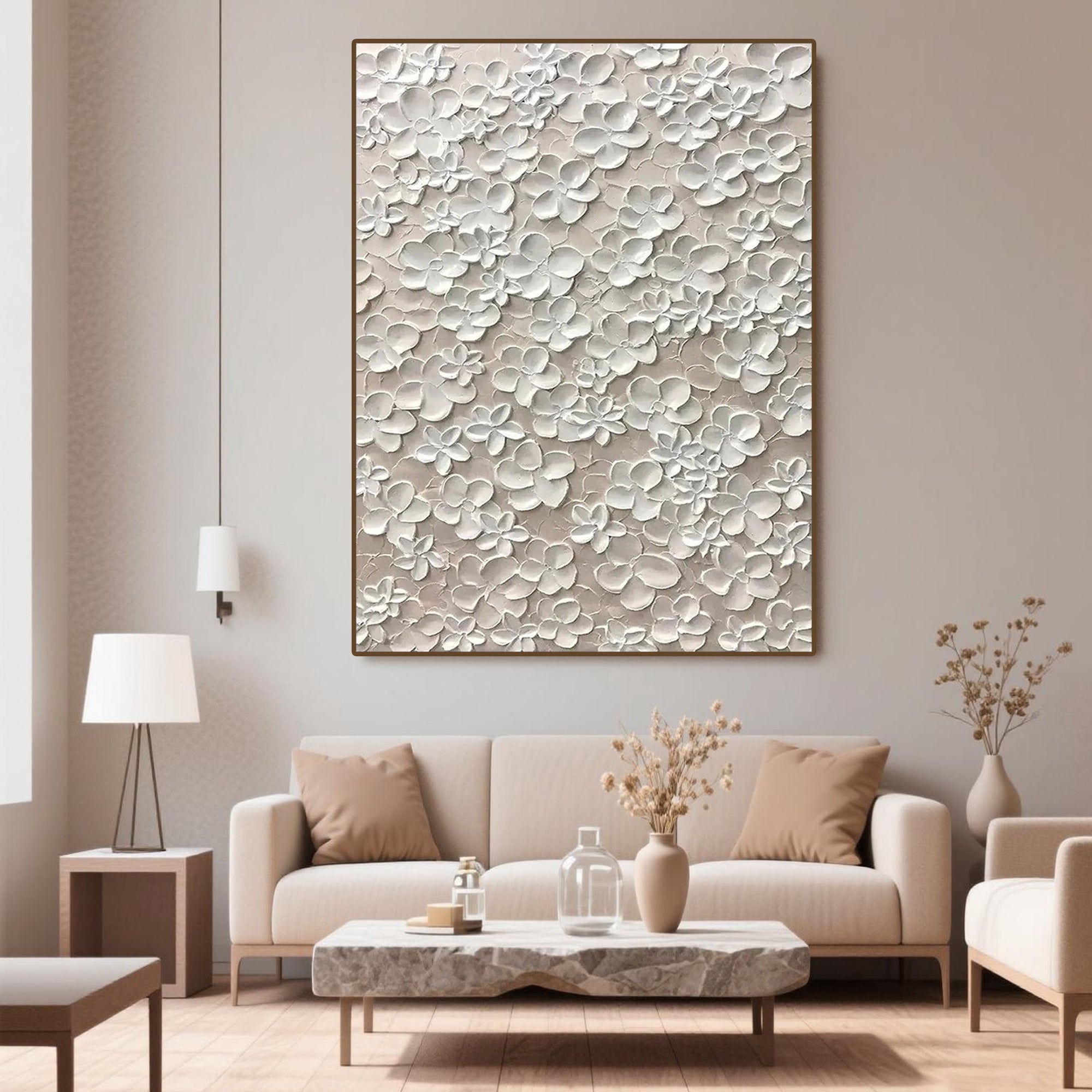 Close-up of 3D white floral impasto texture on Blossom Veil canvas art.