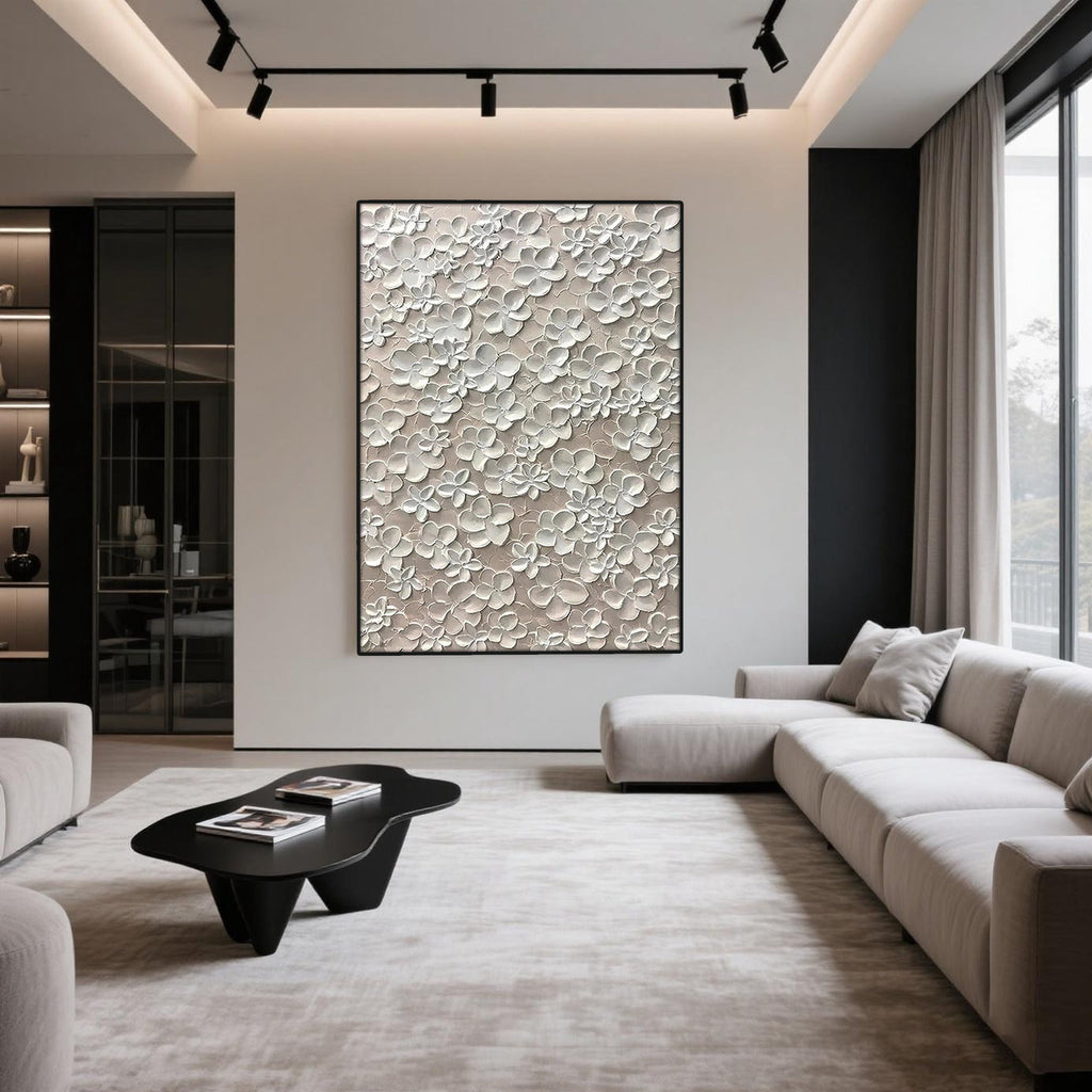Close-up of 3D white floral impasto texture on Blossom Veil canvas art.