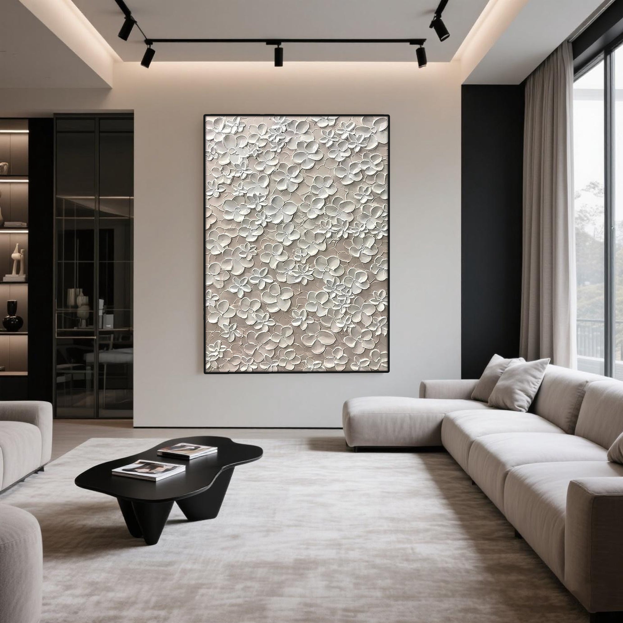 Close-up of 3D white floral impasto texture on Blossom Veil canvas art.