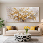 3D textured floral wall art, golden and white blooms on canvas.