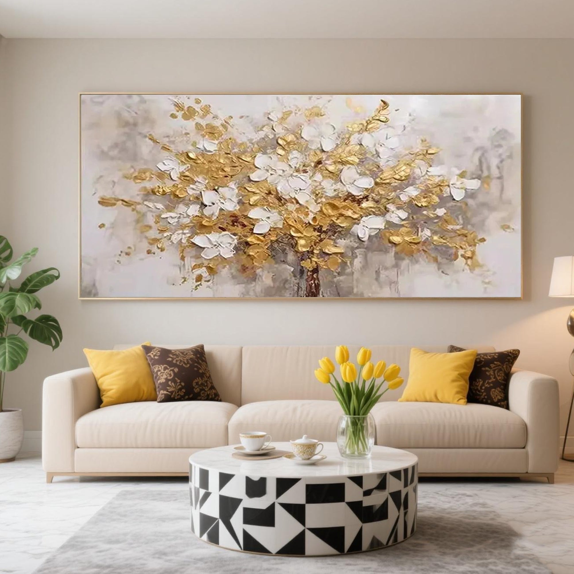3D textured floral wall art, golden and white blooms on canvas.