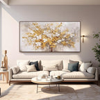 3D textured floral wall art, golden and white blooms on canvas.