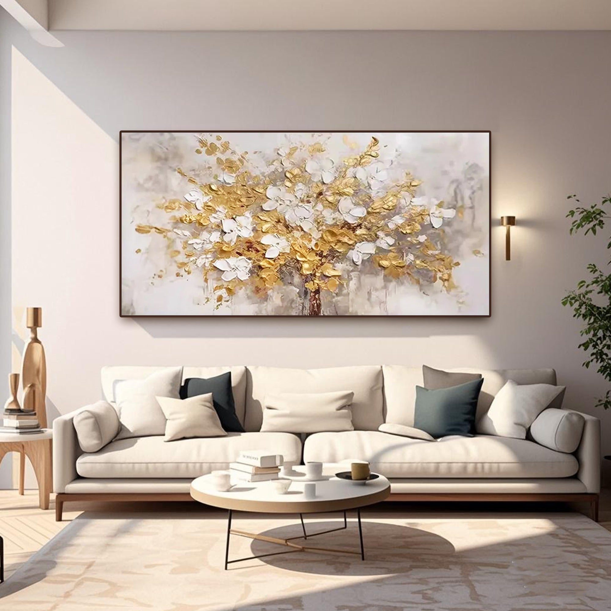 3D textured floral wall art, golden and white blooms on canvas.