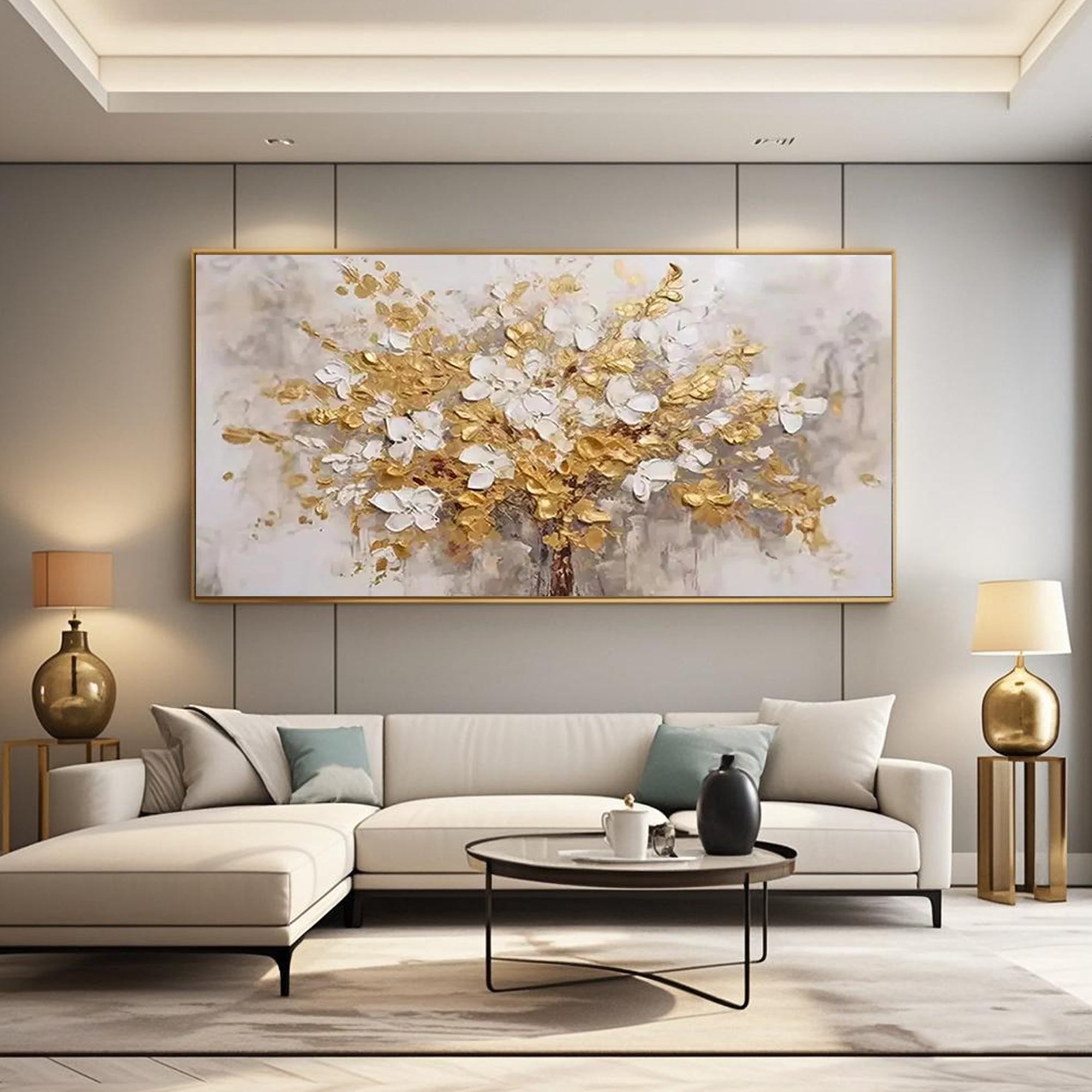 3D textured floral wall art, golden and white blooms on canvas.