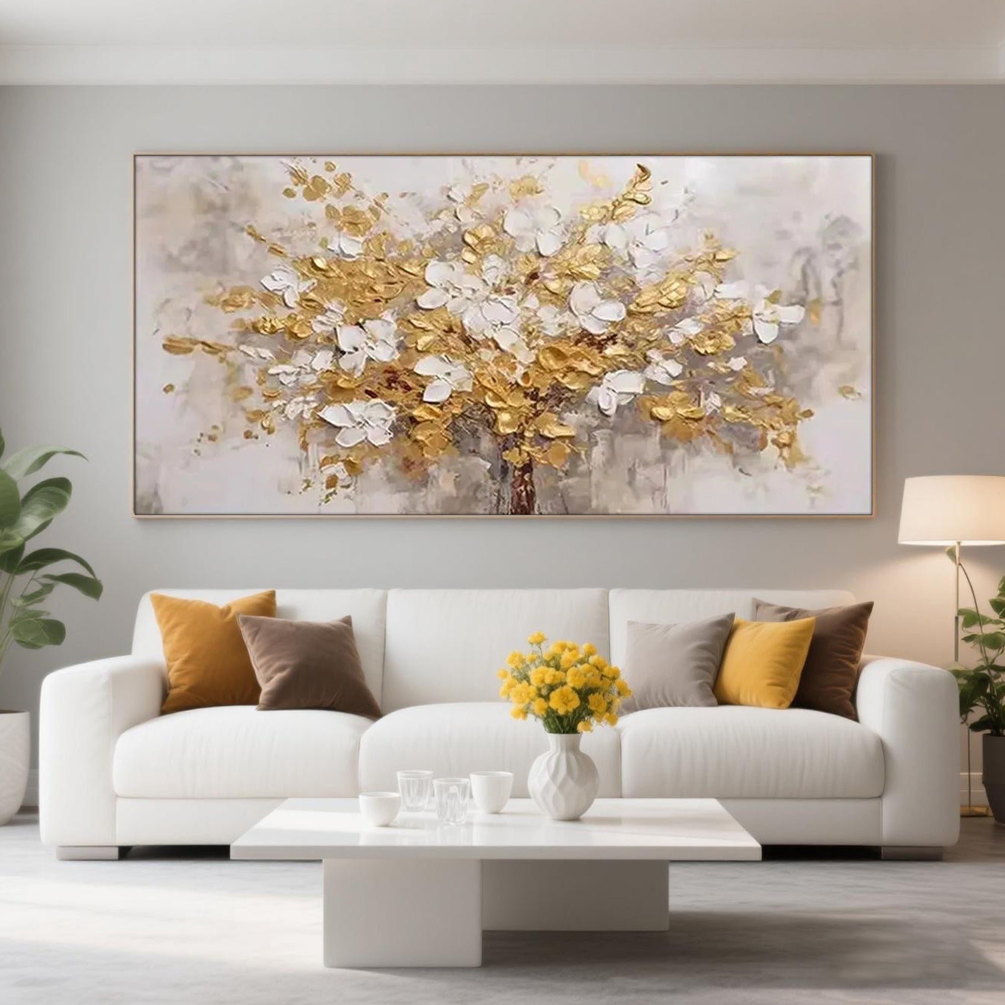 3D textured floral wall art, golden and white blooms on canvas.