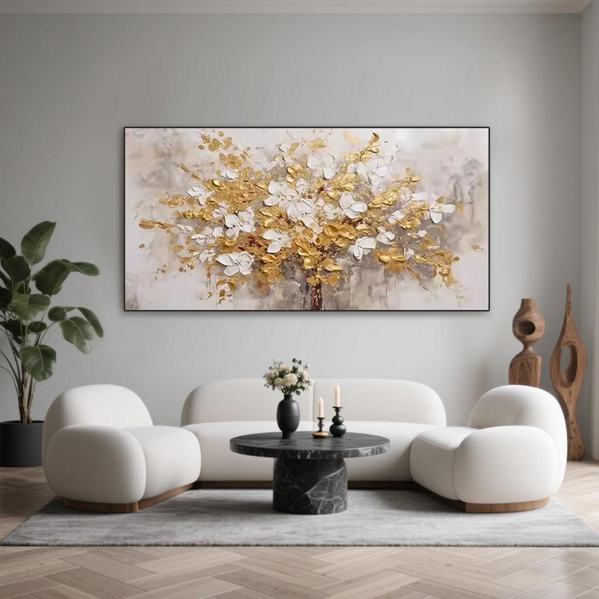 Golden Bloom wall art in a modern living room setting.