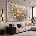 Large Golden Bloom canvas art above a cream sectional sofa.