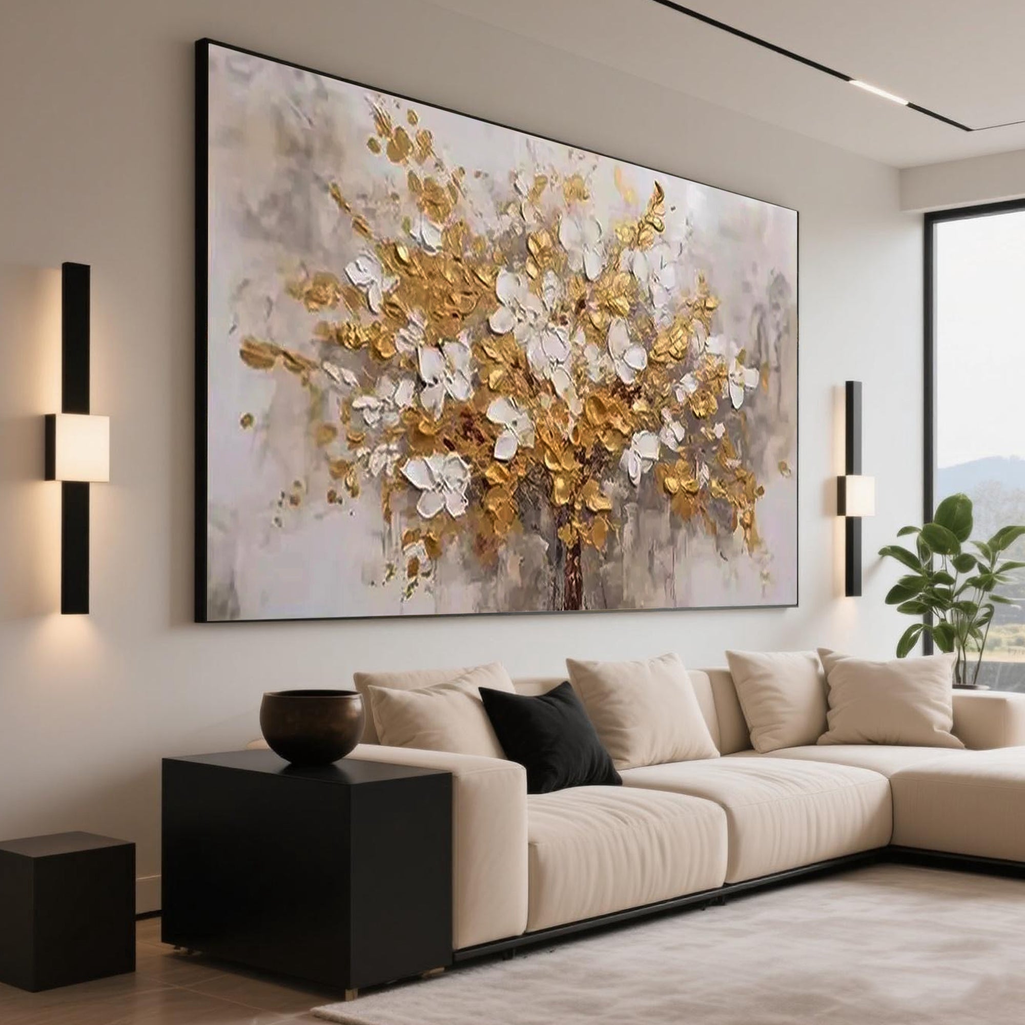 Large Golden Bloom canvas art above a cream sectional sofa.