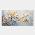 3D textured flower canvas art, 'Whispers of Spring' with creamy white and golden blossoms on blue-gray.