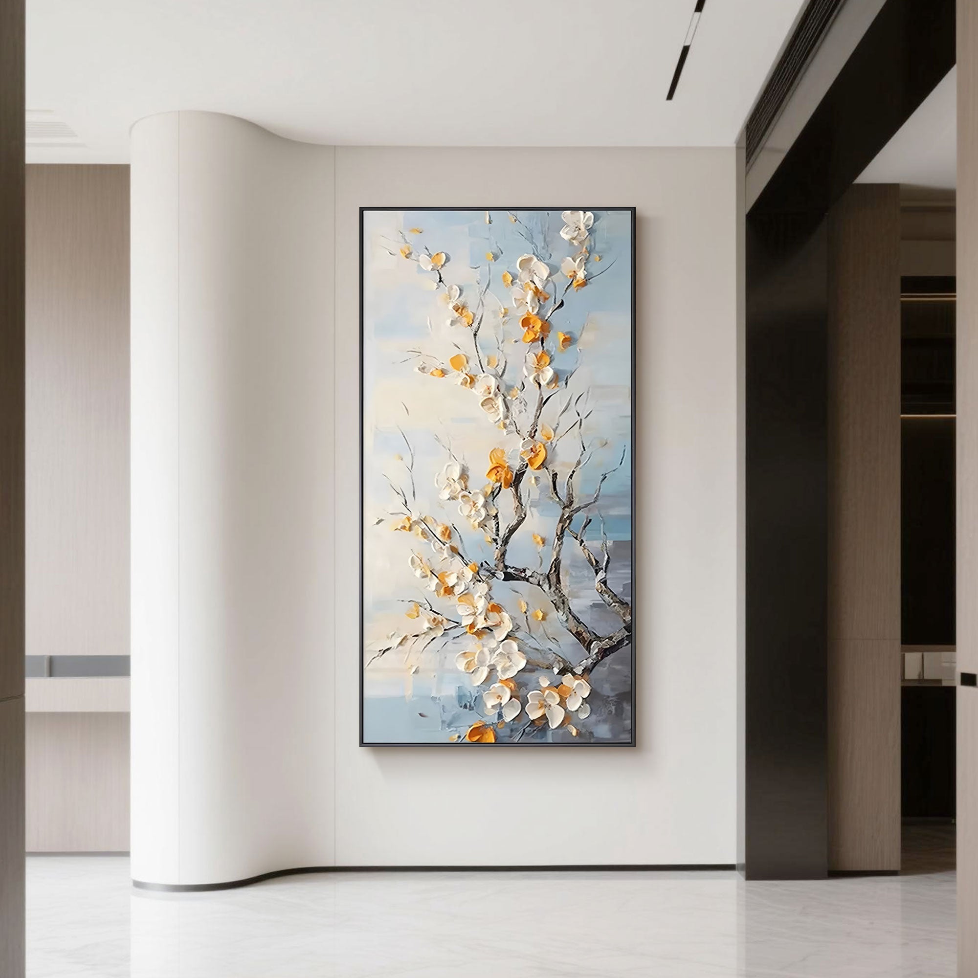 Vertical floral canvas art: hand-painted white and gold blossoms in a curved interior.