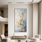 Close-up of 'Whispers of Spring' 3D flower art; creamy white and gold blossoms on canvas.