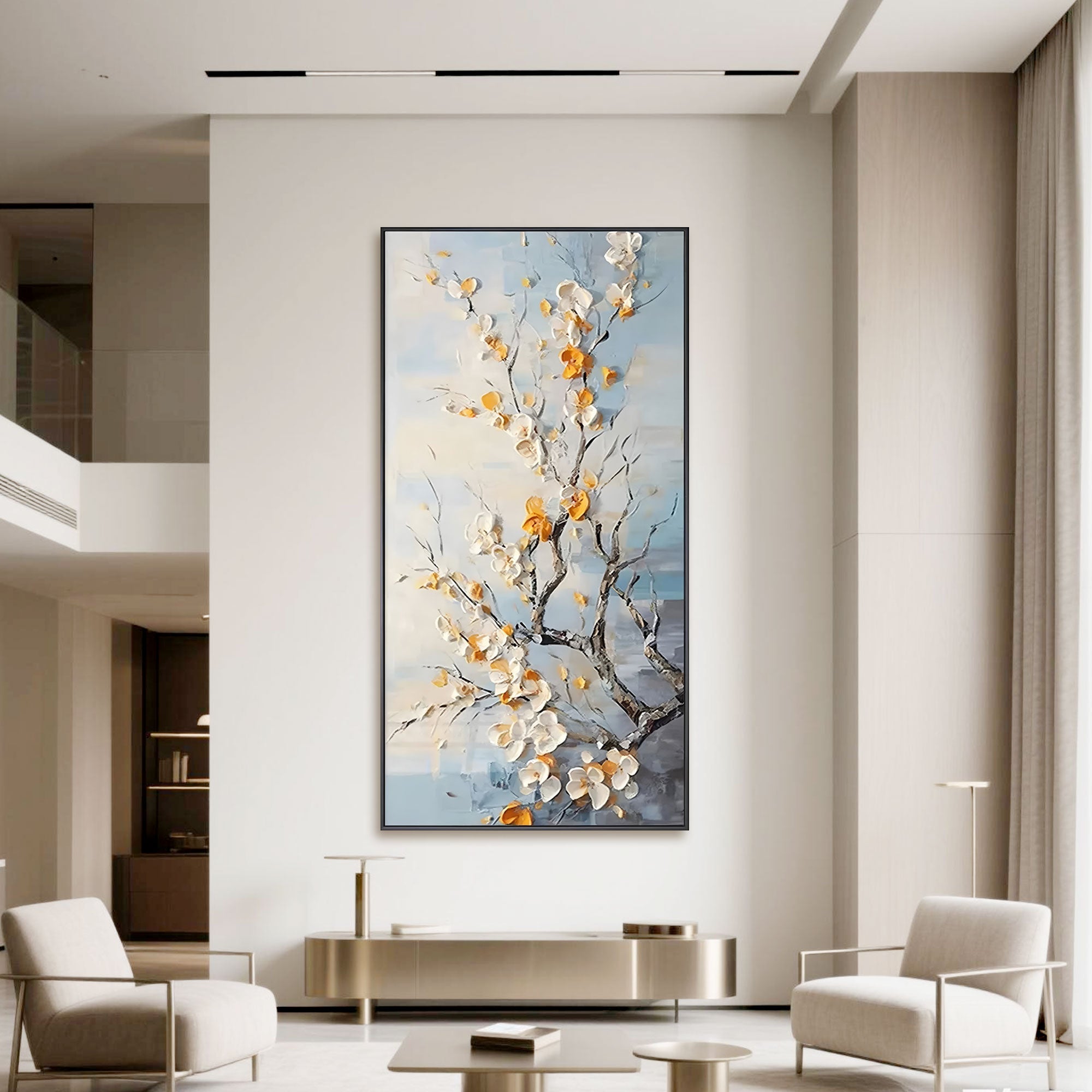 Close-up of 'Whispers of Spring' 3D flower art; creamy white and gold blossoms on canvas.
