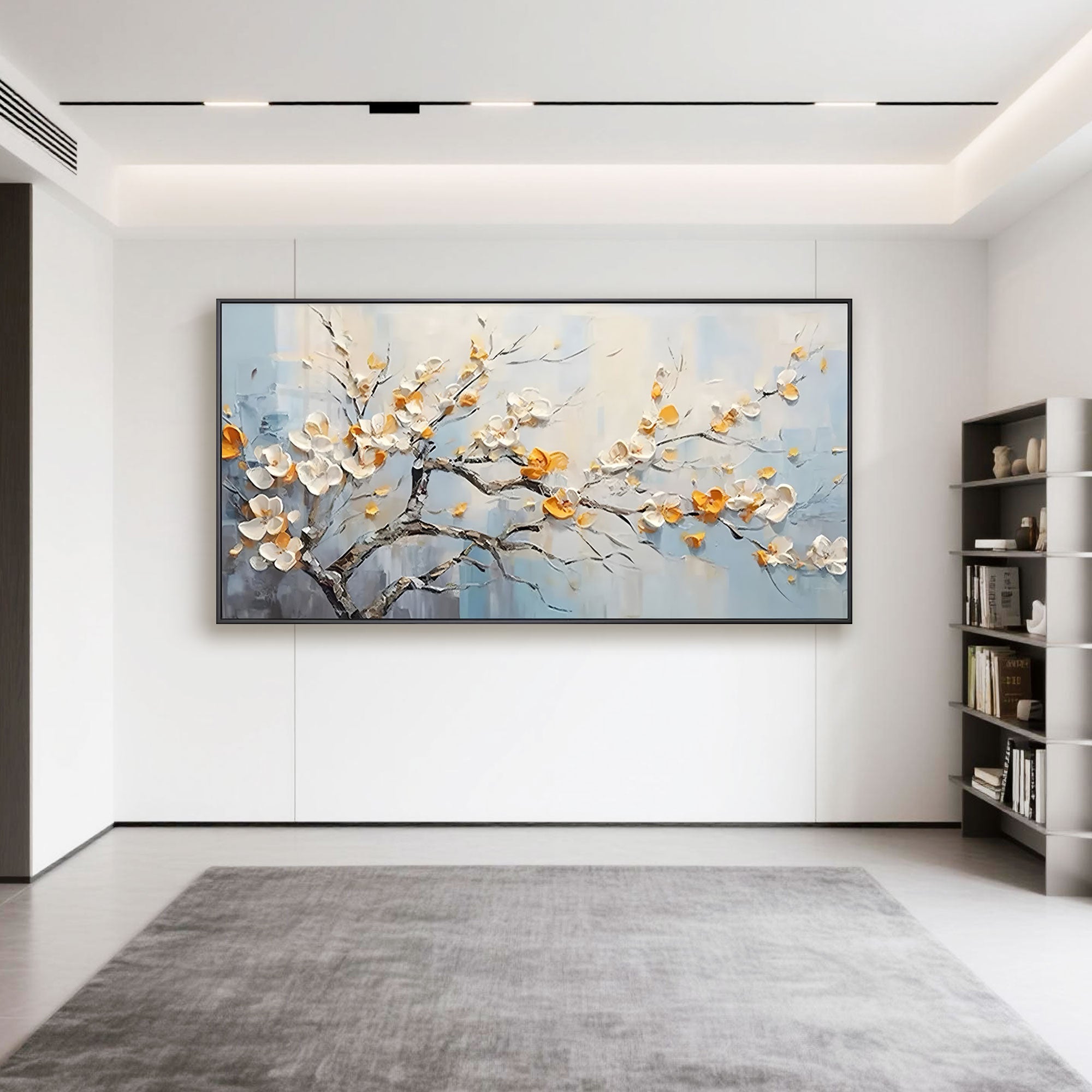 Contemporary open space with horizontal neutral-toned floral art and textured branch design.