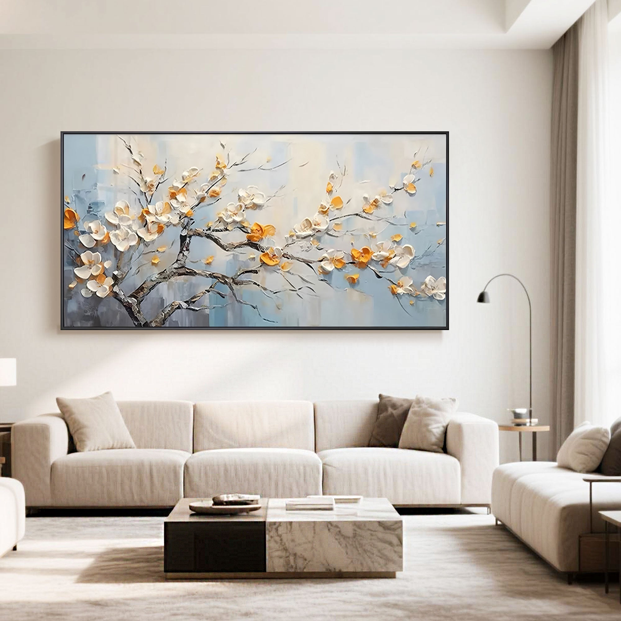 Contemporary open space with horizontal neutral-toned floral art and textured branch design.