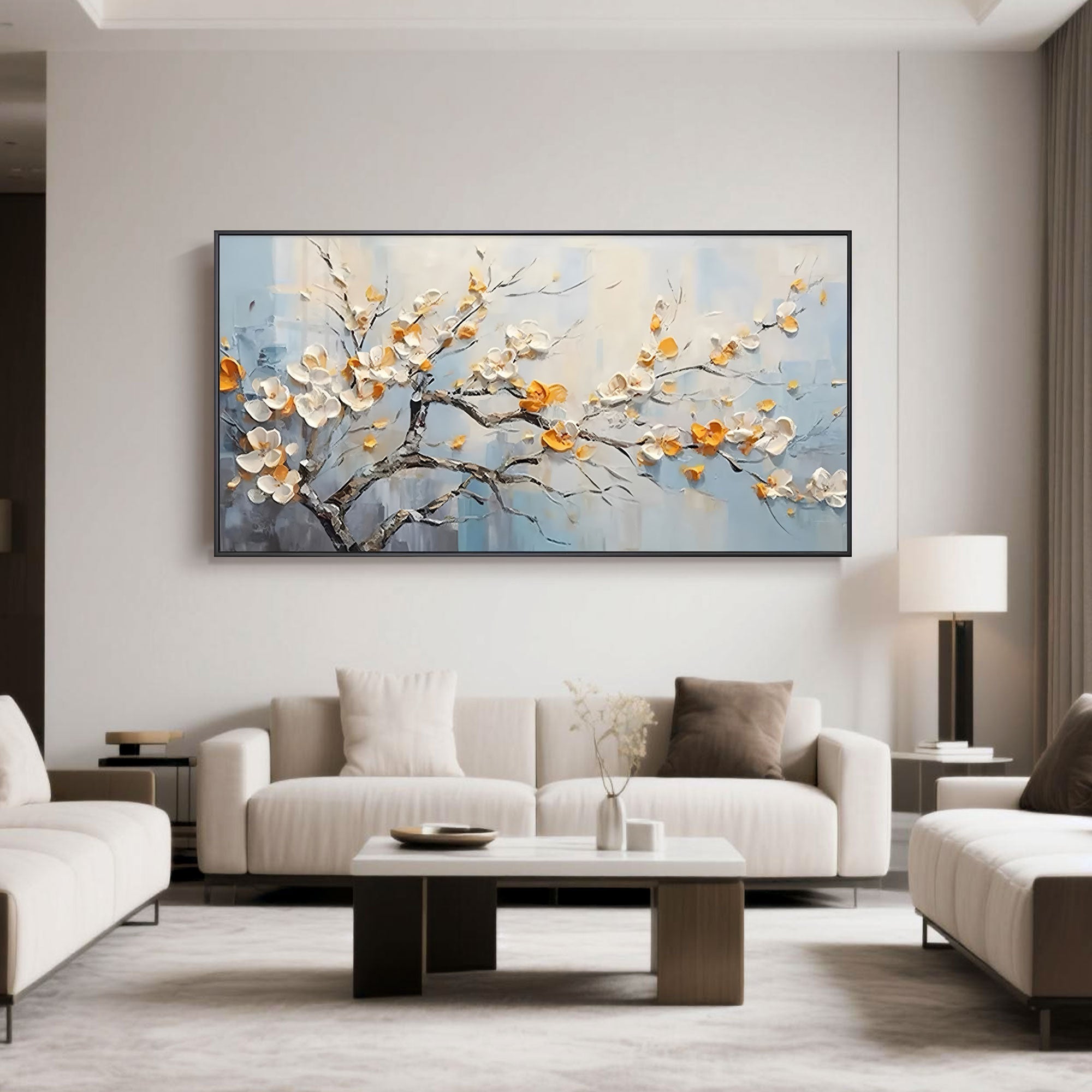 Elegant living room with framed hand-painted floral art; cream, gold blossoms on blue background.