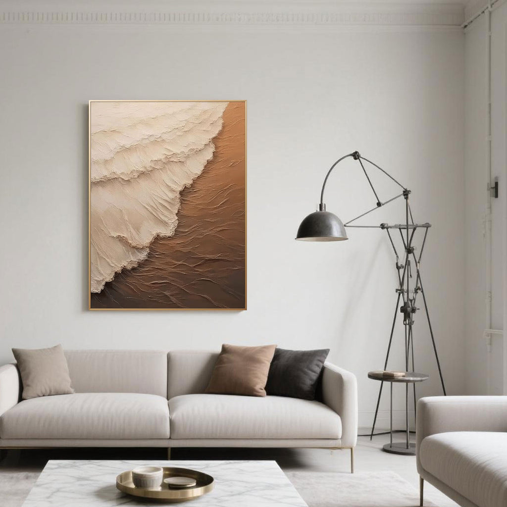 Hand-painted minimalist canvas art in a modern gray living room.