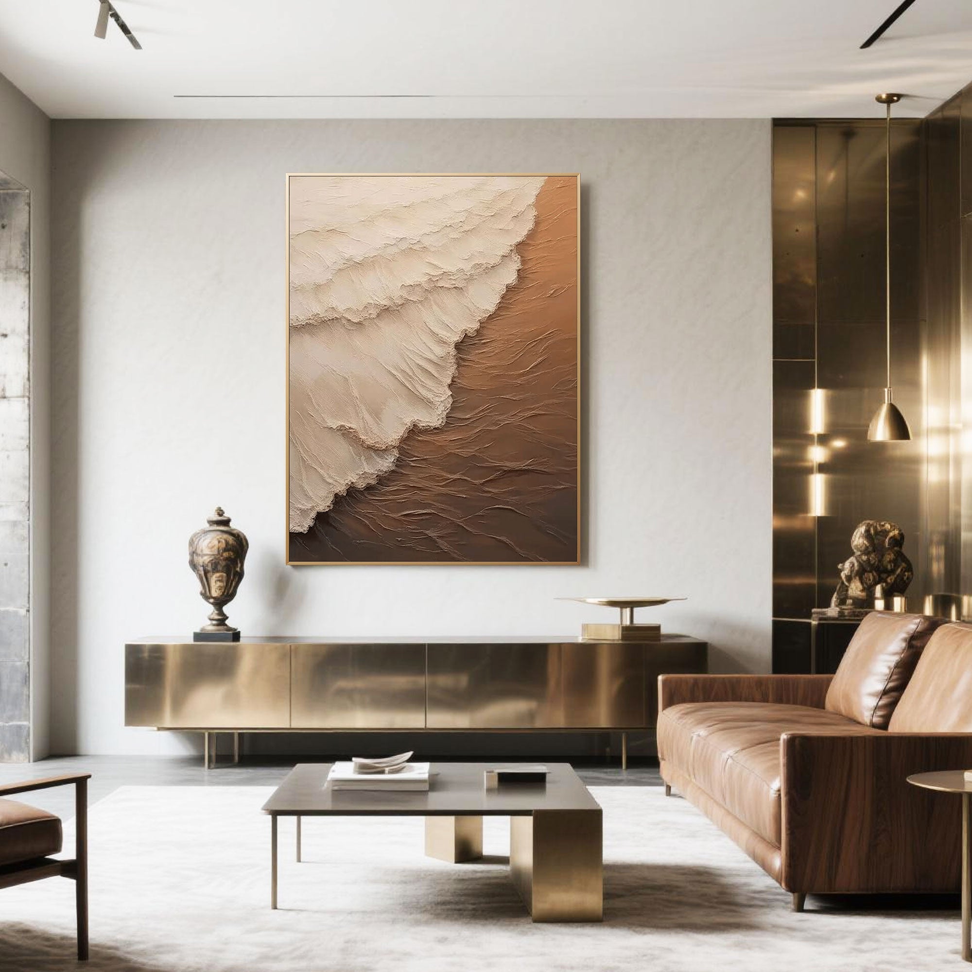 Abstract 'Ebb and Flow' art in a luxurious modern living room.