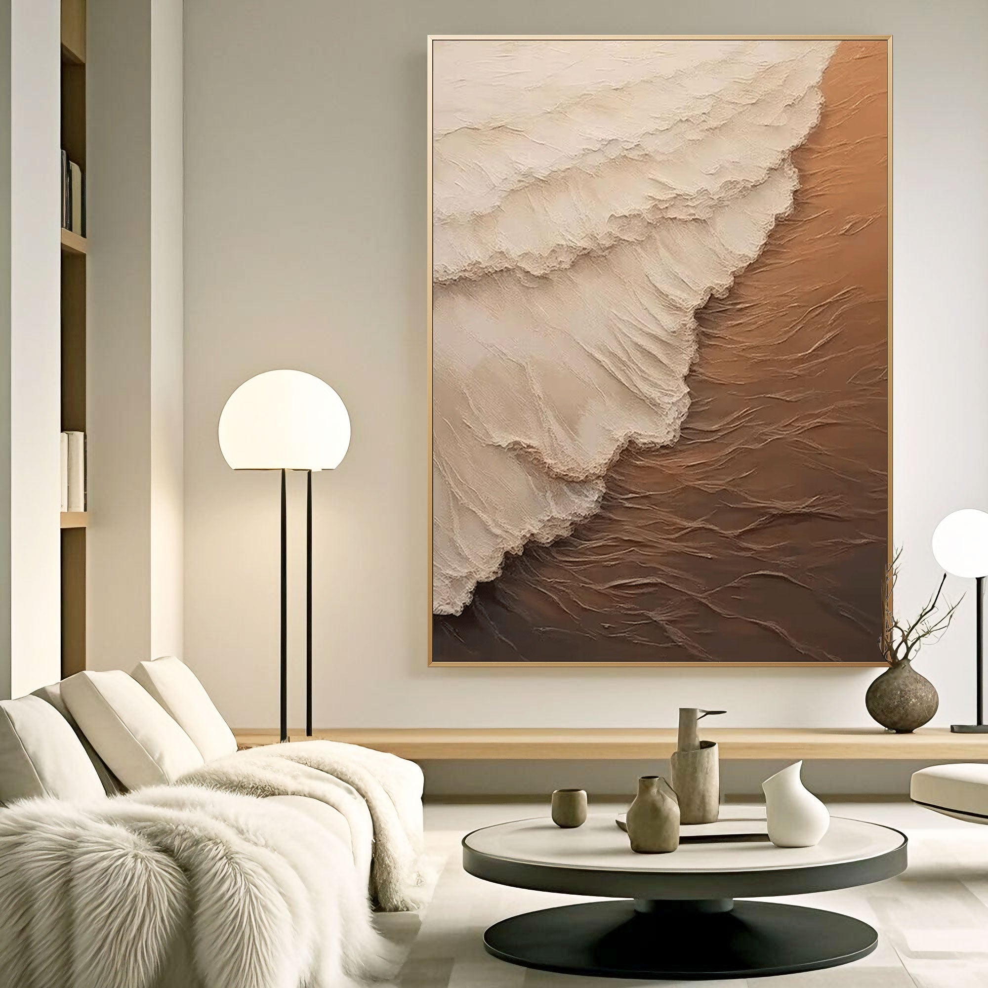Creamy textured abstract wall decor in a bright, cozy living space.