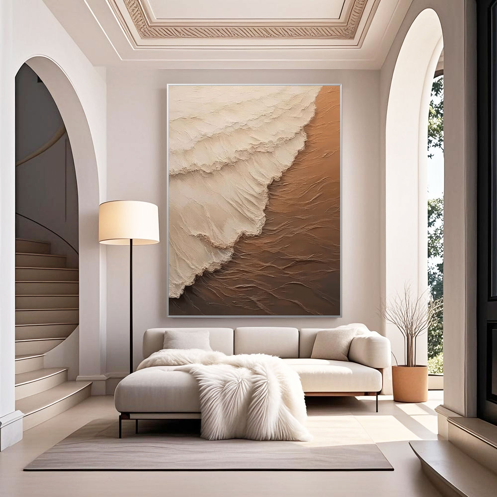 Minimalist textured nature painting in a luxurious living room.