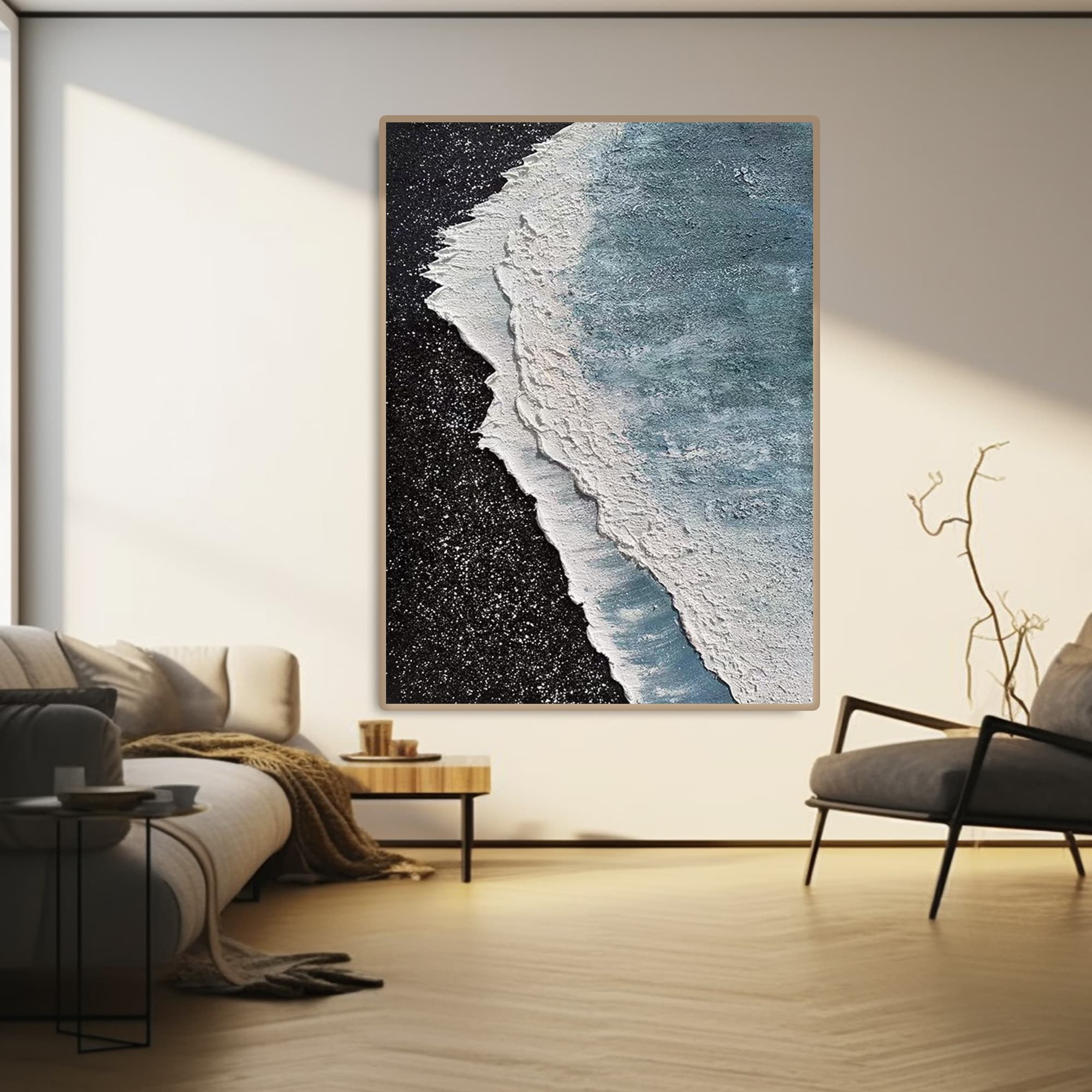 3D ocean art in living room, textured blue waves, black shore.