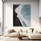 3D textured ocean canvas art, blue-green waves on black shore.
