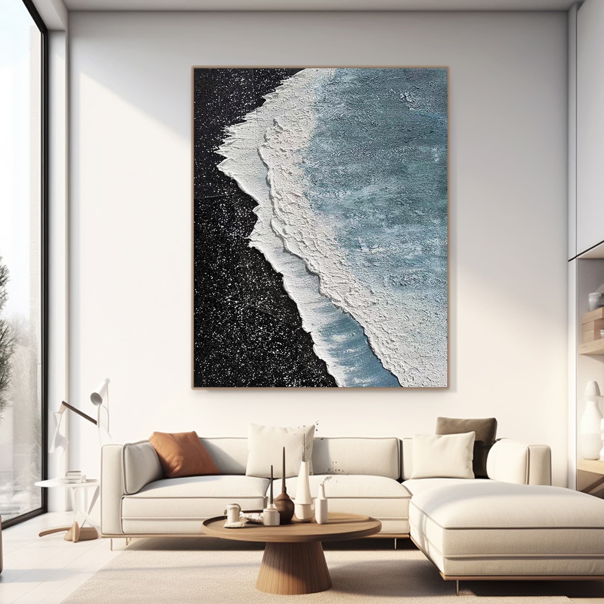 3D textured ocean canvas art, blue-green waves on black shore.