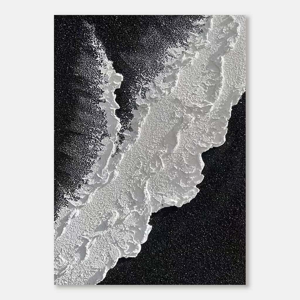 Close-up of the 'Dark Tide' 3D textured ocean wall art in black and white.