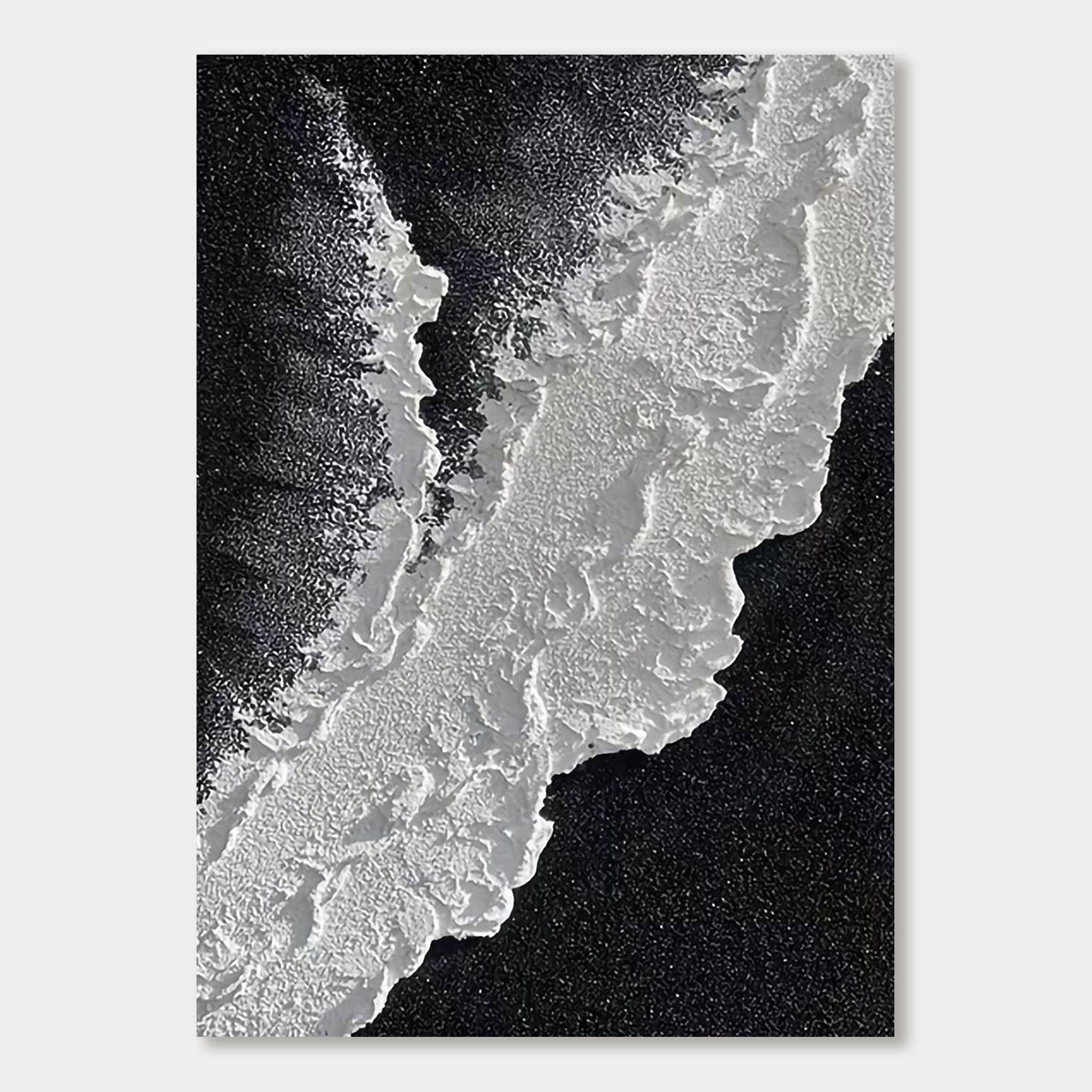 Close-up of the 'Dark Tide' 3D textured ocean wall art in black and white.