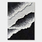 Modern abstract ocean wall art with black and white 3D textured waves, hand-painted on vertical oversized canvas using acrylic