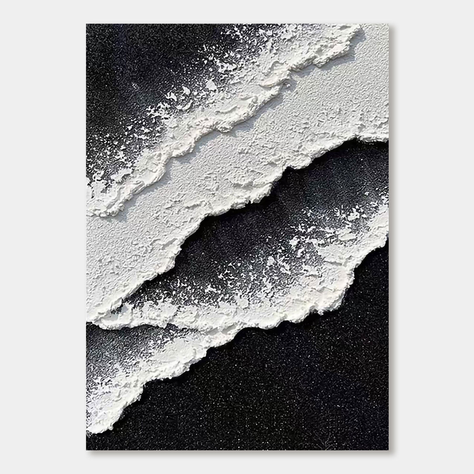 Modern abstract ocean wall art with black and white 3D textured waves, hand-painted on vertical oversized canvas using acrylic