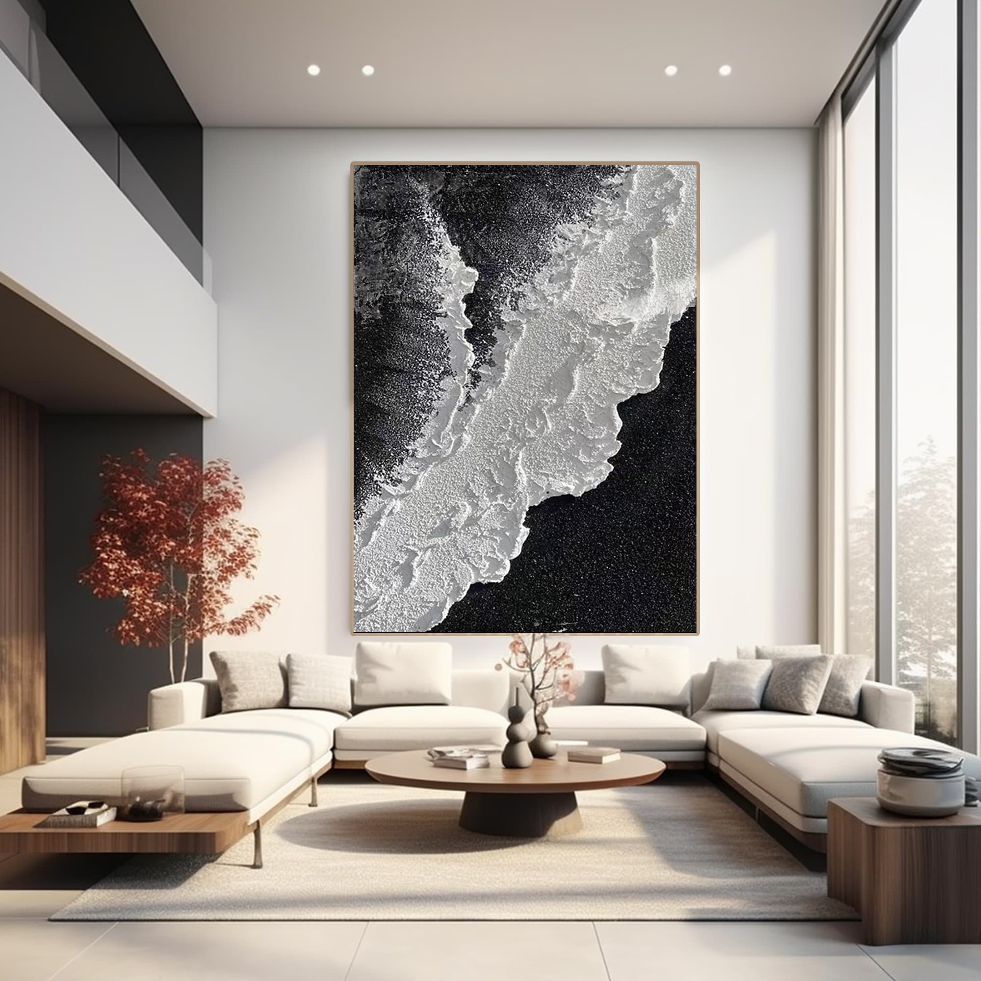 'Dark Tide' 3D ocean art in a bright, modern living room with large windows.