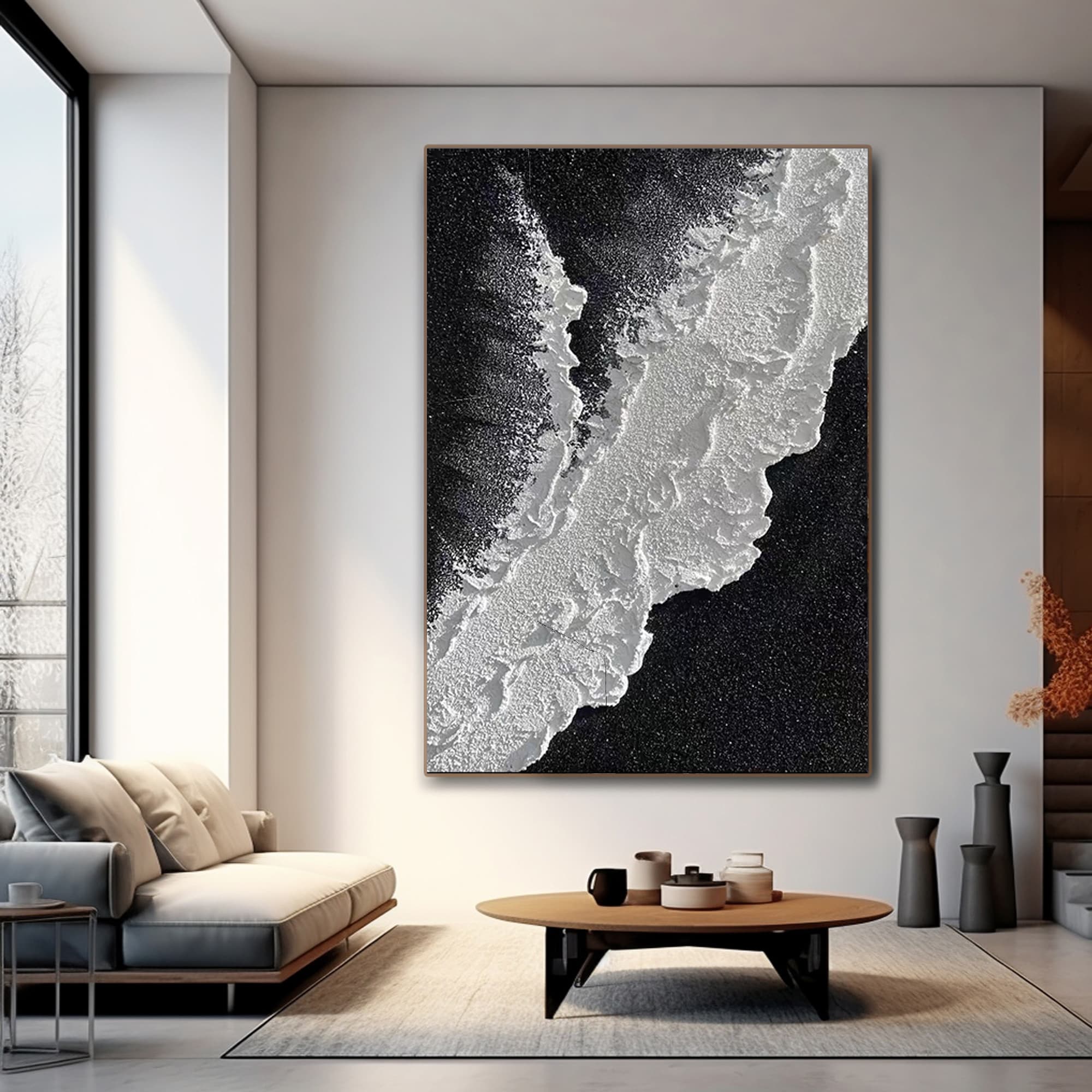 The 'Dark Tide' ocean art displayed in a modern living room setting.