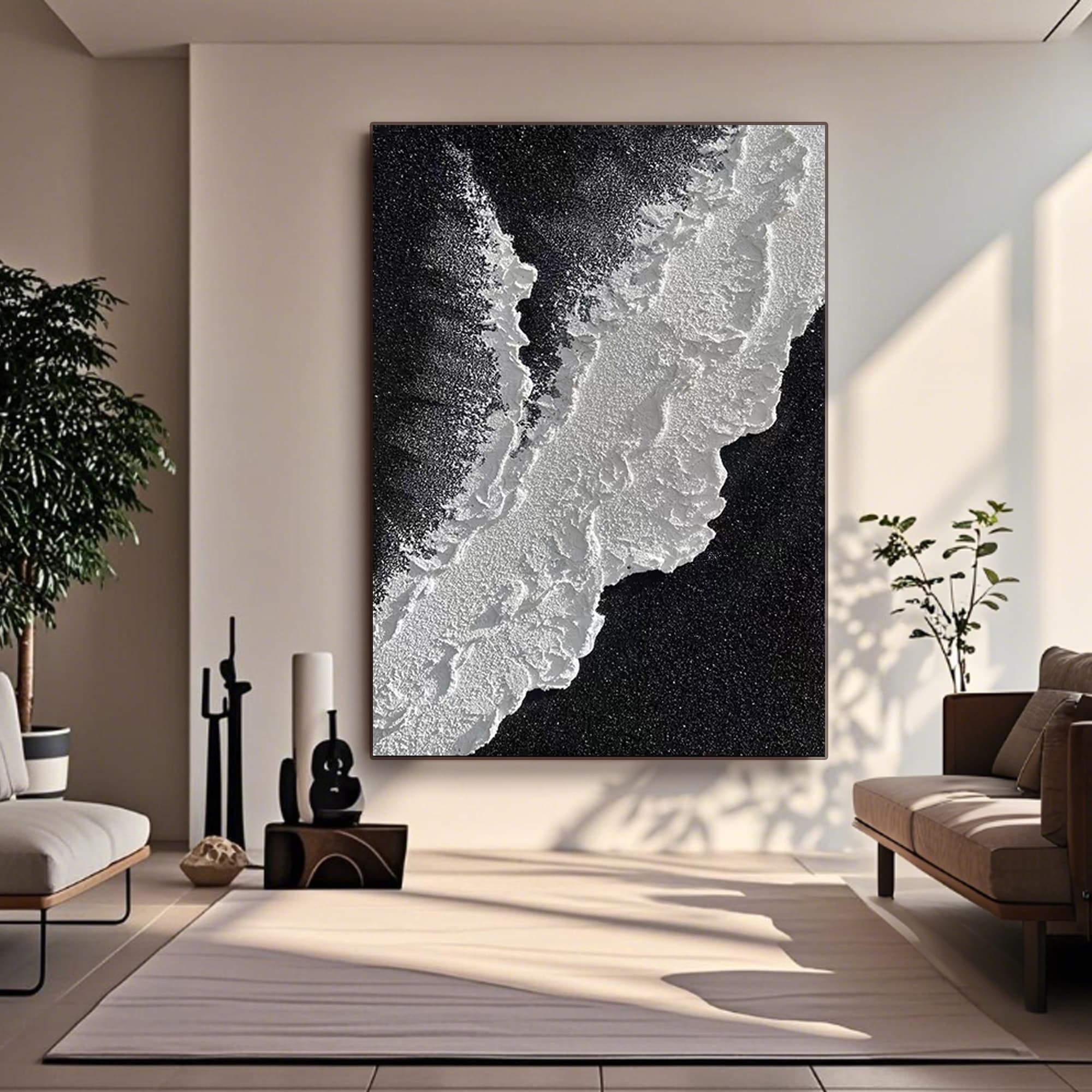 Black and white 'Dark Tide' ocean canvas art hanging in a neutral-toned living space.
