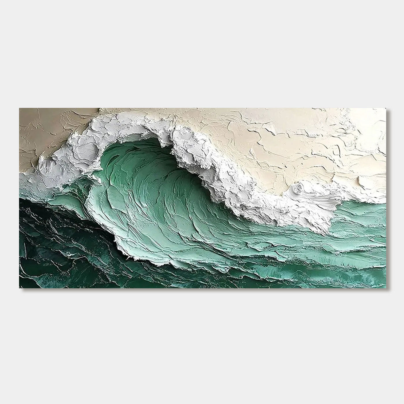 3D textured ocean wave canvas art in green and white.