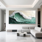 Coastal decor: 3D ocean wave art above a sofa.