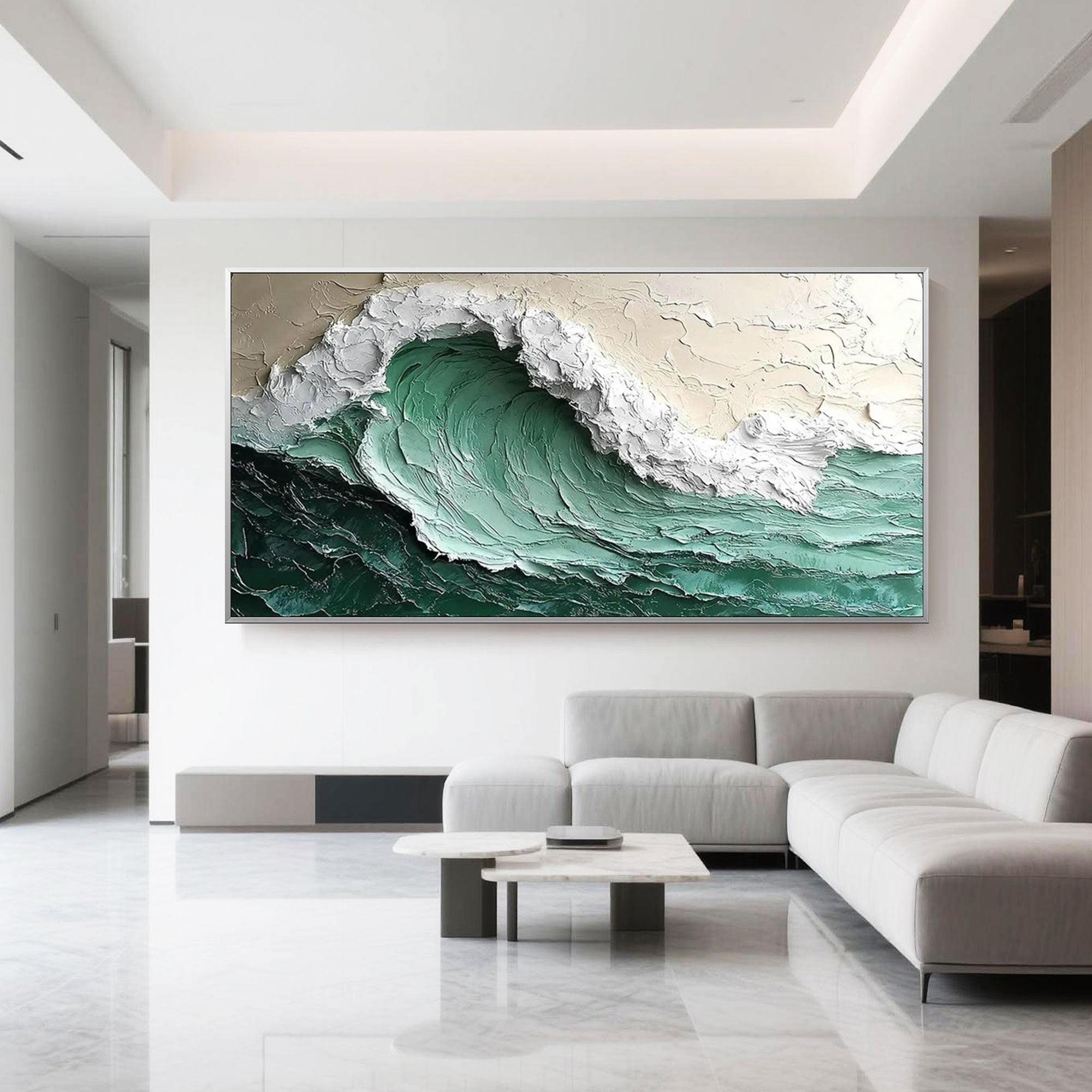 Coastal decor: 3D ocean wave art above a sofa.