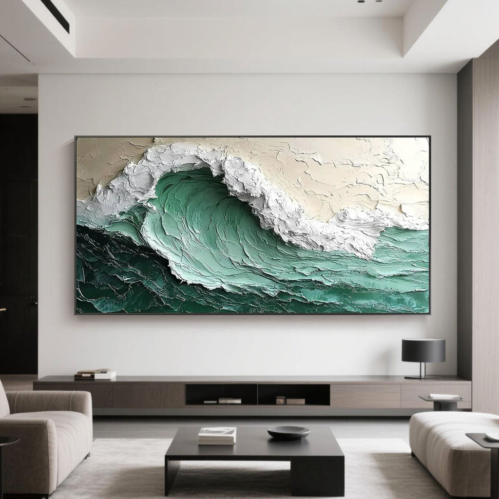 Modern living room with 3D ocean wave canvas art.