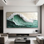 Modern living room with 3D ocean wave canvas art.